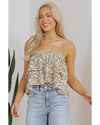 White Boho Floral Spaghetti Strap Ruffle Summer Tank Top - M