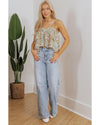 White Boho Floral Spaghetti Strap Ruffle Summer Tank Top - M