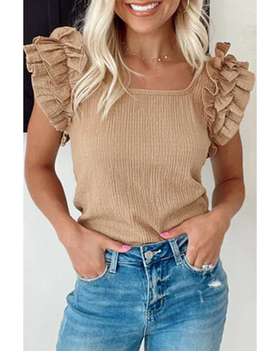 Smoke Gray Ruffled Tiered Sleeve Square Neck Textured Top - XL