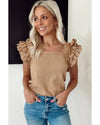 Smoke Gray Ruffled Tiered Sleeve Square Neck Textured Top - XL