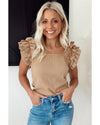 Smoke Gray Ruffled Tiered Sleeve Square Neck Textured Top - XL