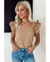 Smoke Gray Ruffled Tiered Sleeve Square Neck Textured Top - XL
