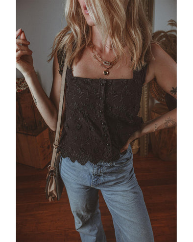 Black Floral Embroidered Buttoned Square Neck Tank Top - XL
