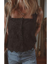Black Floral Embroidered Buttoned Square Neck Tank Top - XL