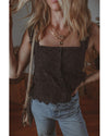 Black Floral Embroidered Buttoned Square Neck Tank Top - XL