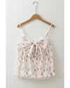 White Floral Pleated Big Bow Back Spaghetti Straps Tank Top - L