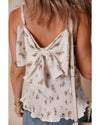 White Floral Pleated Big Bow Back Spaghetti Straps Tank Top - M