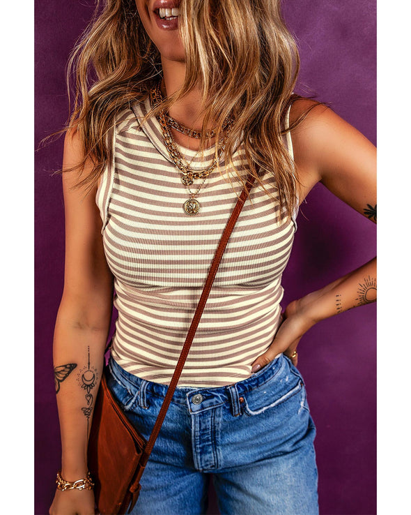 Khaki Stripe Exposed Seam Trim Round Neck Sleeveless Top - L