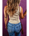 Khaki Stripe Exposed Seam Trim Round Neck Sleeveless Top - L