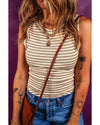 Khaki Stripe Exposed Seam Trim Round Neck Sleeveless Top - L