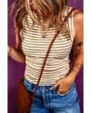Khaki Stripe Exposed Seam Trim Round Neck Sleeveless Top - L