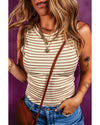 Khaki Stripe Exposed Seam Trim Round Neck Sleeveless Top - L