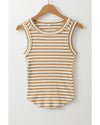Khaki Stripe Exposed Seam Trim Round Neck Sleeveless Top - L