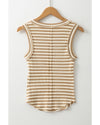 Khaki Stripe Exposed Seam Trim Round Neck Sleeveless Top - L