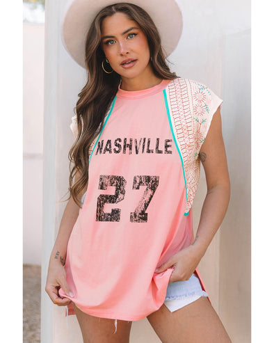 Light Pink Vintage Nashville Printed Patchwork Tank Top - L