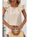 Beige Textured Bow Knot Frilled Butterfly Sleeve Blouse - L