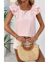 Gossamer Pink Textured Bow Knot Frilled Butterfly Sleeve Blouse - M