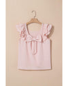 Gossamer Pink Textured Bow Knot Frilled Butterfly Sleeve Blouse - M