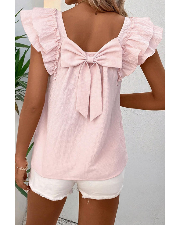 Gossamer Pink Textured Bow Knot Frilled Butterfly Sleeve Blouse - S