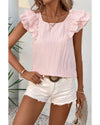 Gossamer Pink Textured Bow Knot Frilled Butterfly Sleeve Blouse - S