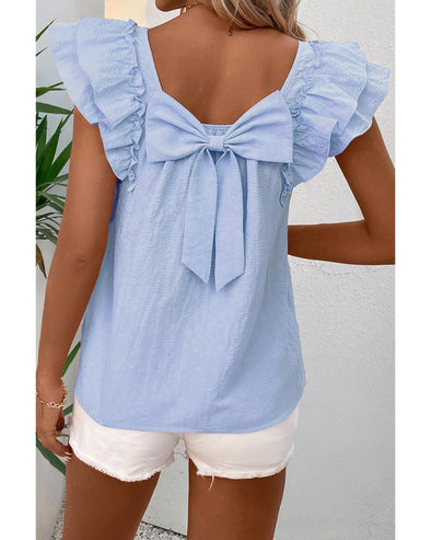 Beau Blue Textured Bow Knot Frilled Butterfly Sleeve Blouse - S