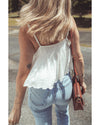 White Lace Splicing Spaghetti Straps Ruffle Flared Tank Top - L