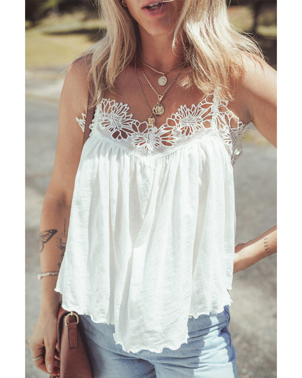 White Lace Splicing Spaghetti Straps Ruffle Flared Tank Top - M