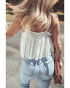 White Lace Splicing Spaghetti Straps Ruffle Flared Tank Top - M