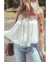 White Lace Splicing Spaghetti Straps Ruffle Flared Tank Top - M