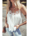 White Lace Splicing Spaghetti Straps Ruffle Flared Tank Top - M