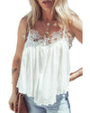 White Lace Splicing Spaghetti Straps Ruffle Flared Tank Top - M