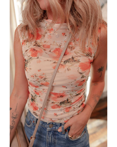 Red Mesh Floral Printed Slim Fit Tank Top - M