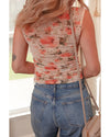 Red Mesh Floral Printed Slim Fit Tank Top - M