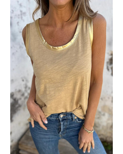 Tan Metallic Sheen Edge Scoop Neck Tank Top - S
