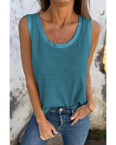 Peacock Blue Metallic Sheen Edge Scoop Neck Tank Top - XL