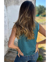 Peacock Blue Metallic Sheen Edge Scoop Neck Tank Top - XL