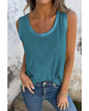 Peacock Blue Metallic Sheen Edge Scoop Neck Tank Top - XL