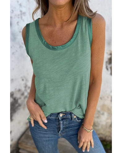 Mist Green Metallic Sheen Edge Scoop Neck Tank Top - M