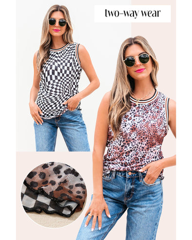 Multicolour Cheetah Checkered Dual Print Reversible Round Neck Mesh Tank Top - L