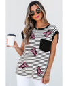 Black Stripe Sequined Lobster Patched Pocket Casual Tank Top - L