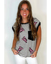Black Stripe Sequined Lobster Patched Pocket Casual Tank Top - S