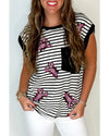 Black Stripe Sequined Lobster Patched Pocket Casual Tank Top - XL