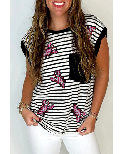 Black Stripe Sequined Lobster Patched Pocket Casual Tank Top - XL