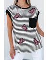 Black Stripe Sequined Lobster Patched Pocket Casual Tank Top - XL