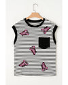 Black Stripe Sequined Lobster Patched Pocket Casual Tank Top - XL