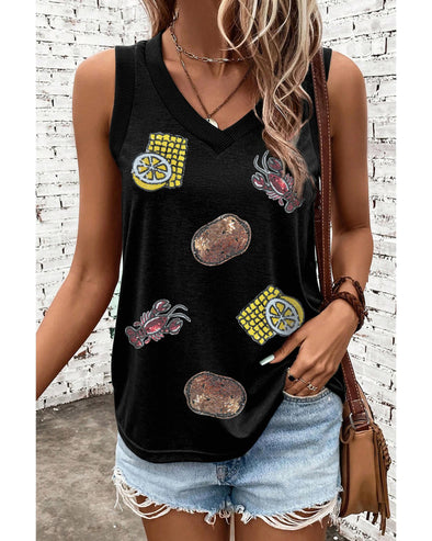 Black Sequined Crawfish Ribbed V Neckline Tank Top - S