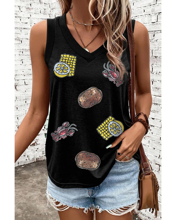 Black Sequined Crawfish Ribbed V Neckline Tank Top - S