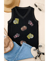Black Sequined Crawfish Ribbed V Neckline Tank Top - S