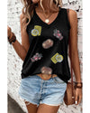 Black Sequined Crawfish Ribbed V Neckline Tank Top - S