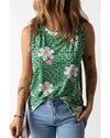 Green Crew Neck Floral Leopard Print Tank Top - 2XL